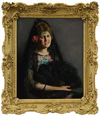 Portrait of a Woman with Mantilla and Black Feather Fan by Marguerite Stuber Pearson, Oil on canvas, sold Aug 2017