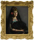 Marguerite Stuber Pearson, Portrait of a Woman with Mantilla and Black Feather Fan
