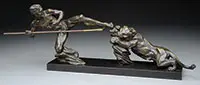 P Berjean, Chasse Au Lion, Bronze on marble base signed at base on rock plinth