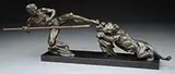 P Berjean, Chasse Au Lion, Bronze on marble base signed at base on rock plinth