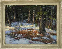 Earle A. Titus, Dappled Sunlight in Snowy Woodland, Oil on board