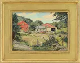 Bernard Corey, Two Works: House and Barn in Summer & Summer Landscape with Red Barn, Oil on canvasboards Both housed in modern giltwood frames Both signed lower right “Bernard Corey” and “#49 ” on verso