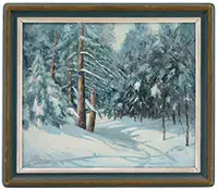 Lamont A. Warner, Two Winter Landscapes, Oils on canvas 1) Forest glade in winter, housed in a blue and gold painted wood frame