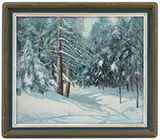 Lamont A. Warner, Two Winter Landscapes, Oils on canvas 1) Forest glade in winter, housed in a blue and gold painted wood frame