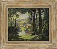 Bertram Bruestle, New England Landscape with Farm, Oil on board