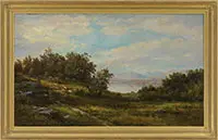 Panoramic View of a New England Landscape with Mountains and Lake by George F. Higgins, Oil on canvas, sold Aug 2017
