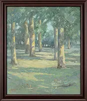 Lamont A. Warner, Two Landscapes with Trees, Two oils on canvas 1)Housed in a contemporary blue painted wood frame