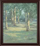 Lamont A. Warner, Two Landscapes with Trees, Two oils on canvas 1)Housed in a contemporary blue painted wood frame