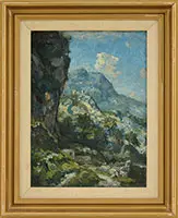 Hikers in a Mountainous Landscape by Henry Ward Ranger, Oil on artist board, sold Aug 2017