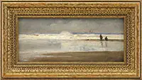 Tiffany, Beach Scene with Figures and Sailboats, Oil on beveled panel