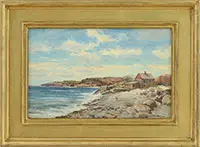 Bernard Corey, House Along Shoreline, Oil on Masonite