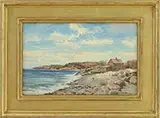 Bernard Corey, House Along Shoreline, Oil on Masonite