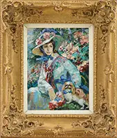 A. Gisson, Woman with Dog Surrounded by Flowers, Oil on canvas