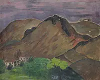 Alzira Boehm Peirce, Twelve Works: 1) Mountain Landscape, 2) “Still Life”, 3) Still Life with Coffee Pot, 4) Banjo, 5) Men Fighting, 6) Red Barns, 7) Woman Reading, 8) Banana Cart, 9) Hunter, 10)”The River Styx”, 11) Dinner Out, 12) Woman, All oil on canvas
