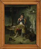 R. R. Stephenson, Man in Interior Threading a Needle, Oil on panel