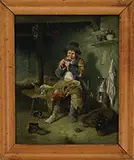 R. R. Stephenson, Man in Interior Threading a Needle, Oil on panel