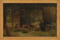 A. Villon, Interior of Barn with Chickens, Duck and Turkey, Oil on canvas