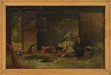 A. Villon, Interior of Barn with Chickens, Duck and Turkey, Oil on canvas