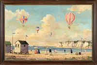 Emile Bollee, French Seaside View with Hot Air Balloons, Oil on board
