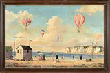 Emile Bollee, French Seaside View with Hot Air Balloons, Oil on board