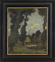 Richard Albitz, Figures Near a Pond with White Geese, Oil on canvas