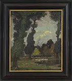 Richard Albitz, Figures Near a Pond with White Geese, Oil on canvas