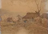 Hachiro Nakagawa, Figure Outside Farm Collective, Watercolor on paper affixed to light board
