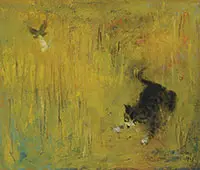 Ray, Cat in Meadow with Butterfly, Oil on canvas