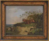 William Tasker, Fox and Rabbits in a Landscape, Oil on beveled panel