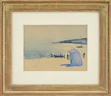 Edmond Amadee Heuze, La Plage, Watercolor