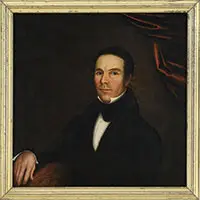 Unsigned, Portrait of Oliver Bourne, Kennebunkport, Maine (1797-1881), Oil on canvas half portrait shows a gentleman in black coat, red swag curtain behind