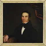 Unsigned, Portrait of Oliver Bourne, Kennebunkport, Maine (1797-1881), Oil on canvas half portrait shows a gentleman in black coat, red swag curtain behind