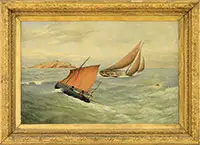 E. Cuttan, Boating Off Small Island, Large oil on canvas scene shows two small sailboats in white crested greenish ocean with seagulls and island
