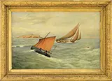 E. Cuttan, Boating Off Small Island, Large oil on canvas scene shows two small sailboats in white crested greenish ocean with seagulls and island