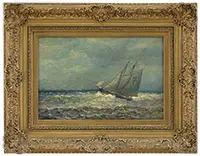 James Gayle Tyler, Leaving the Harbor, Oil on canvas scene shows the number 7 pilot boat crashing through white tipped waves on its way out to meet a boat