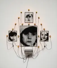 Christian Boltanski, Untitled, 1989, Mixed media installation comprised of 4 gelatin silver prints, 18 electric lights and biscuit tin with enclosed handkerchief