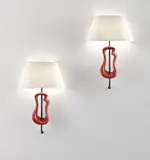 Georges Jouve, Pair of "Lyre" wall lights, circa 1956, Glazed stoneware, patinated brass, fabric shades
