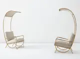Jean Royere, Pair of canopy lounge chairs, circa 1956, Painted tubular metal, painted metal, linen, cord