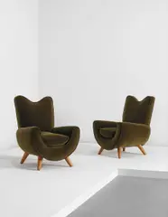 Jean Royere, Pair of "Ambassador" armchairs, circa 1955, Velvet, oak