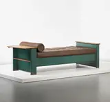 Bed, model no. 102, designed for the Lycée Fabert, Metz by Jean Prouvé, 1936, Oak, painted bent sheet steel, leather, sold Jun 2014