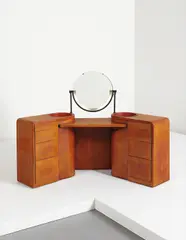 Important dressing table with illuminated mirror by Jean Dunand, circa 1930, Lacquered wood, sycamore, lacquered brass, patinated brass, illuminated mirrored glass, offered Jun 2014