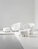 Luisa Parisi and Ico Parisi, Pair of armchairs and footstools, from the XXX Fiera Campionaria, Milan, 1946, Fabric, walnut