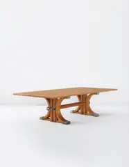 André Arbus, Pair of large consoles from the Boardroom of the Chambre Syndicale de la Sidérurgie Française, Paris, circa 1954, Cherry-veneered wood, cherry, steel-plated bronze