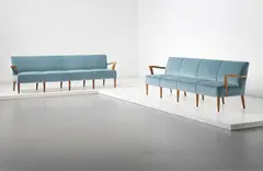 Pair of sofas by Paolo Buffa, circa 1948, Walnut, fabric, sold Jun 2014