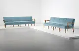 Paolo Buffa, Pair of sofas, circa 1948, Walnut, fabric