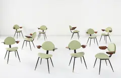 Carlo Mollino, Set of ten "Lutrario" armchairs, from the Lutrario Ballroom, Turin, 1959-1960, Painted iron, brass, walnut-veneered bent plywood, fabric