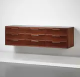 Paolo Buffa, Wall-mounted chest of drawers, circa 1948, Painted glass, stained walnut