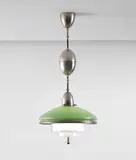 C. F. Otto Müller, “Sistrah” ceiling light, model no. ZP3, circa 1932, Nickel-plated brass, clear glass, opaque glass
