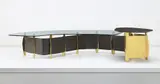 Krueck + Sexton Architects, Unique dining table, designed for the residence of Joan Weinstein, Chicago, 1985, Brass, patinated bronze, beveled glass, Rosso Velanto marble