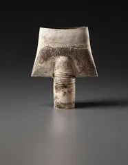 Hans Coper, "Spade" form, circa 1972, Stoneware, layered white porcelain slips and engobes over a body with textured and incised linear designs, the interior with manganese glaze